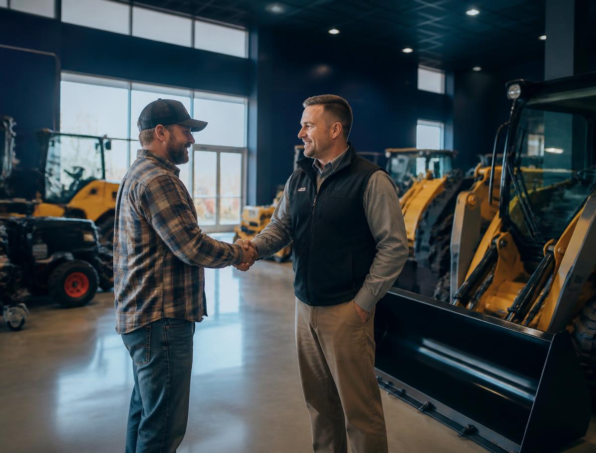 Equipment dealer shaking hands with a customer on a showroom floor beside heavy machinery